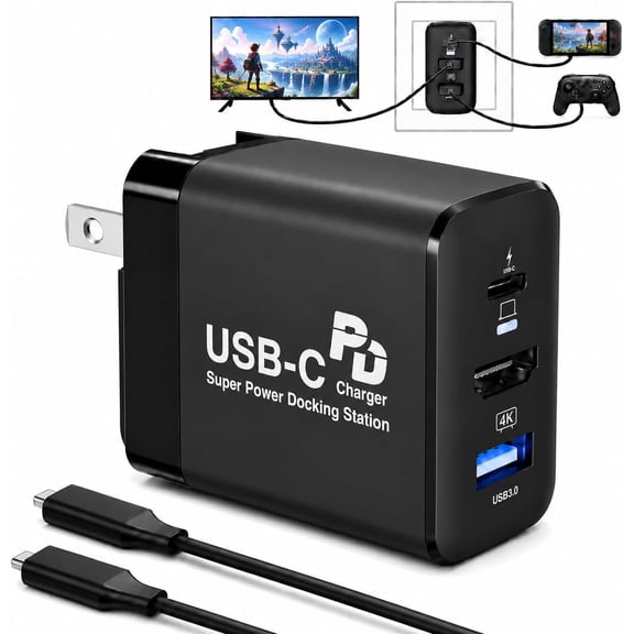 60W Portable Dock Charger for Switch 2 / Switch/OLED, 4K@60Hz HDMI USB-C TV Docking Station with PD 3.0 Fast Charging, Foldable Plug & 1.5m Cable, Compatible with Steam Deck, ROG Ally