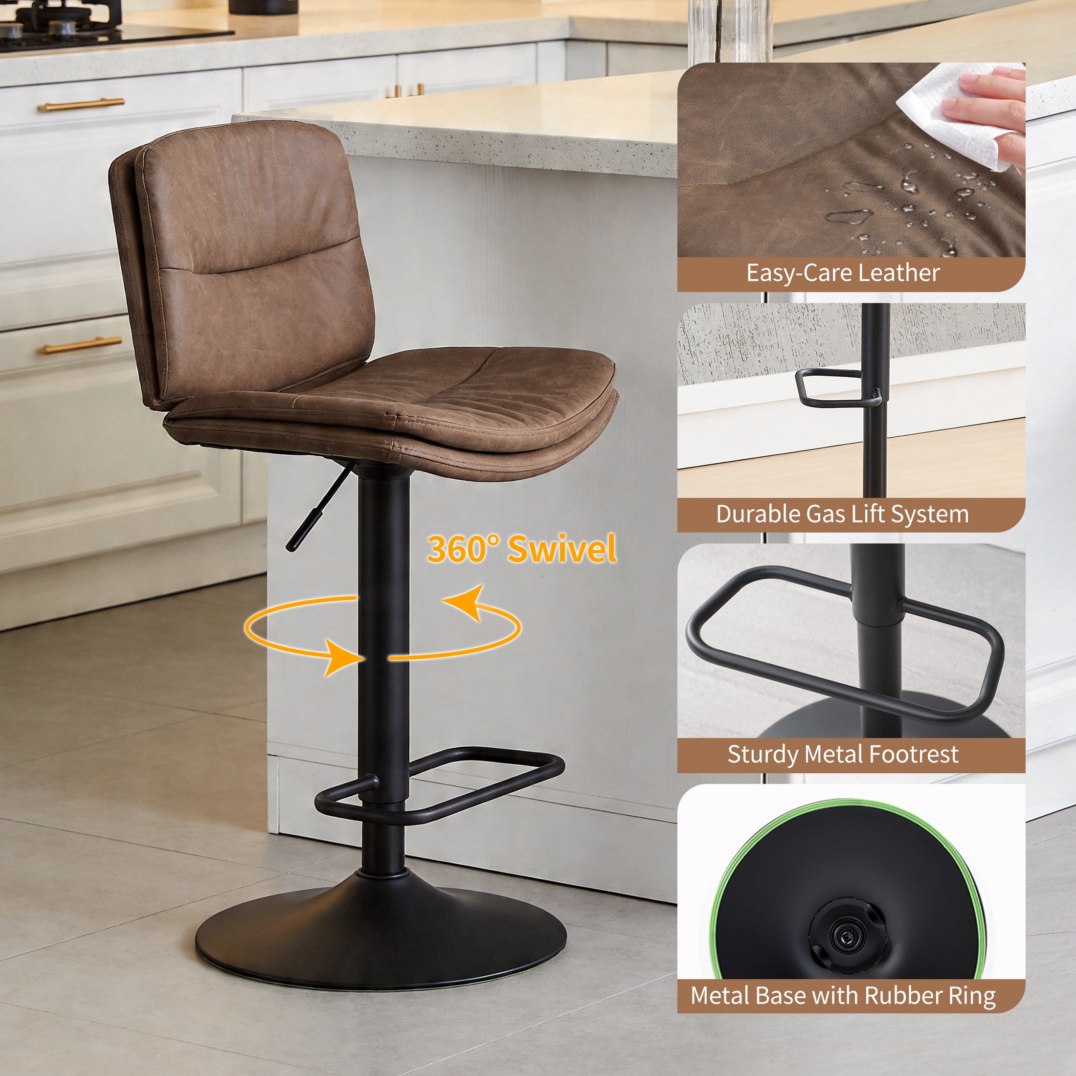 FIRAVOE Swivel Bar Stools Set of 4, Double-Layer Upholstered Counter Height Bar Stools with Back, PU Leather Height Adjustable Barstools for Kitchen Island, Tan