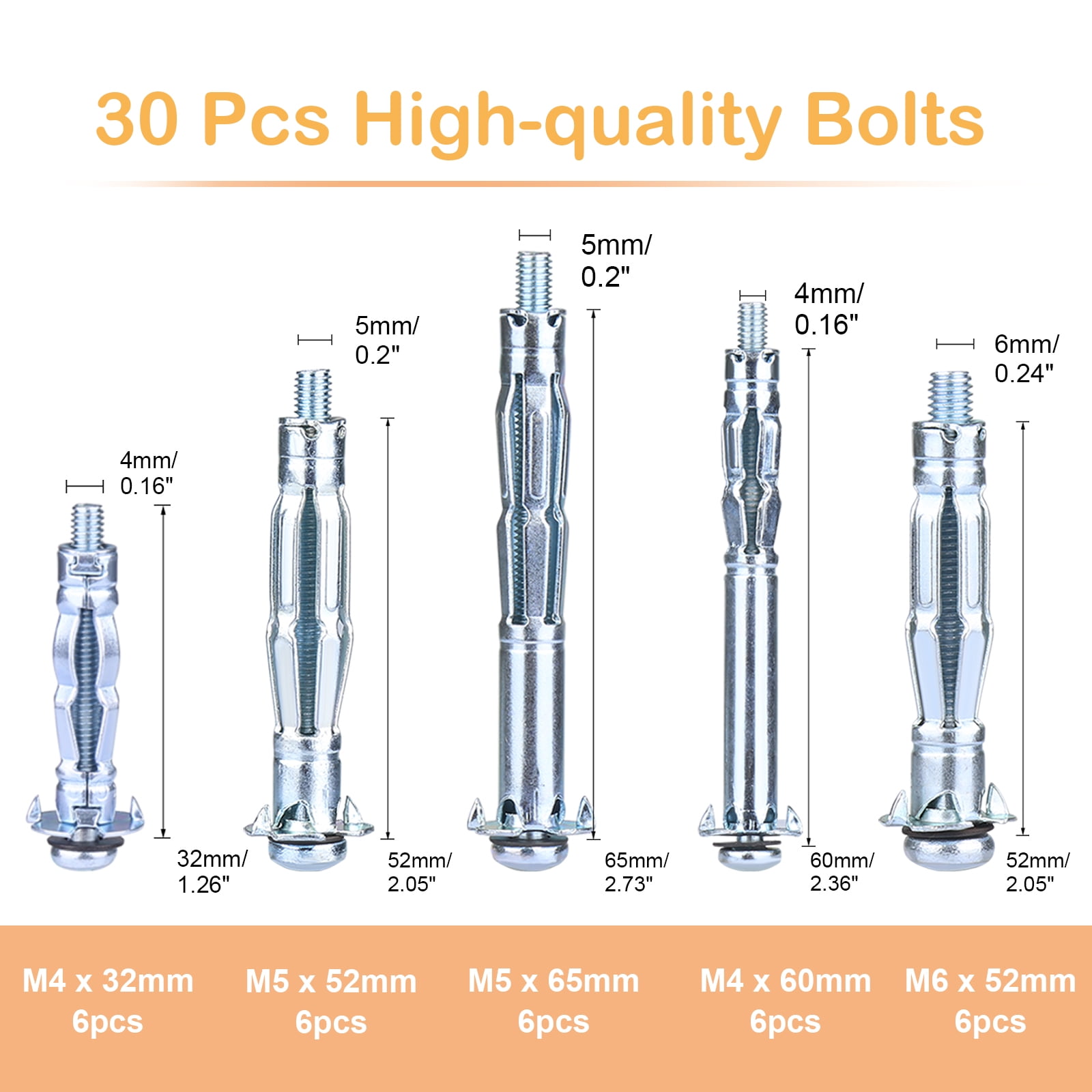 Molly Bolt Setting Tool, Hollow Wall Anchor for Drywall Plaster Sheetrock Hollow Wood Wall, Heavy Duty Metal Wall Anchors Setting Tool, 30pcs Molly Bolts in 5 Sizes