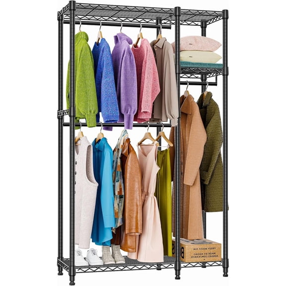 Heavy Duty Rolling Garment Rack 3 Tiers Adjustable Wire Shelving Clothes Rack with 1 Rods and Side Hooks, Storage Closet Clothing Rack Black