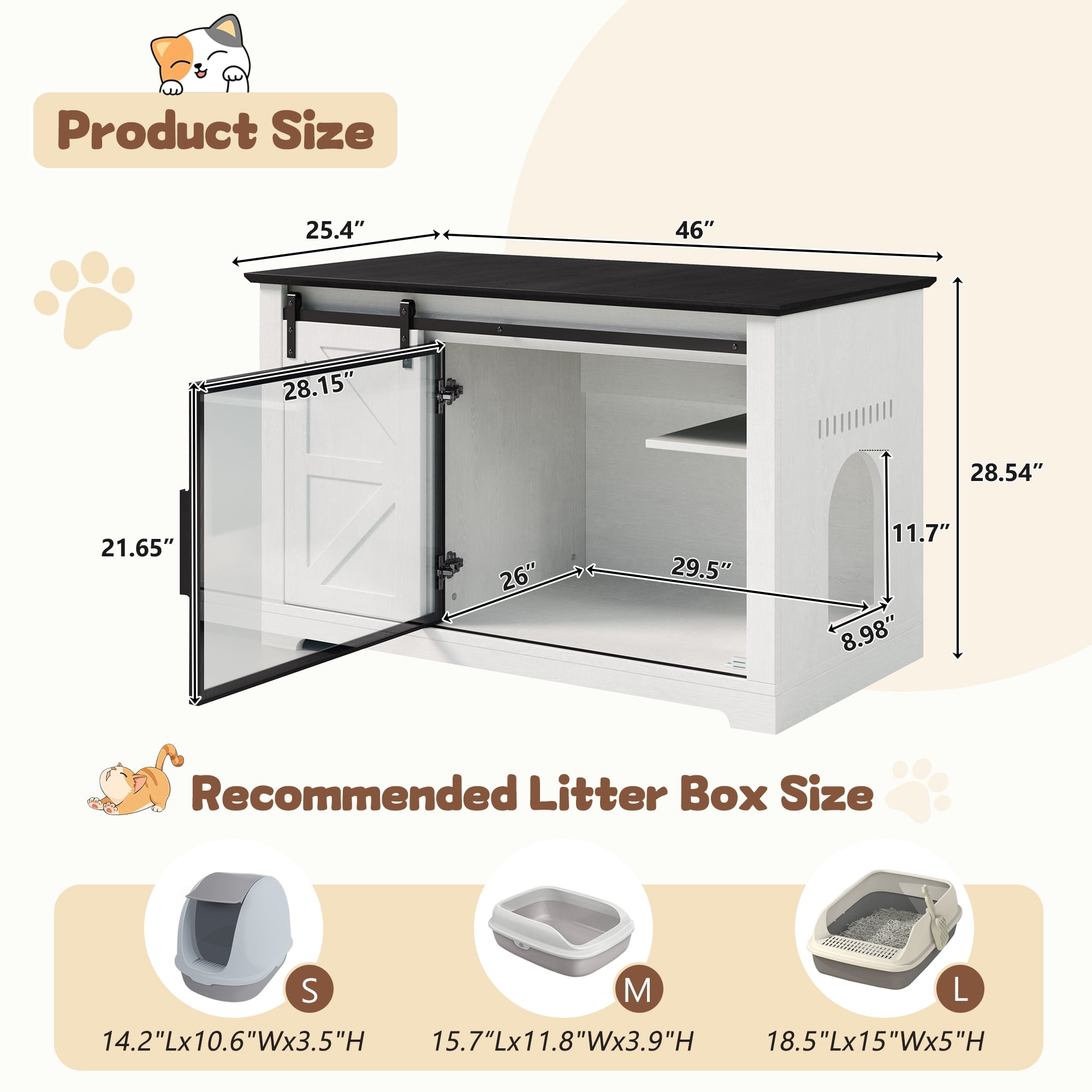 46" Farmhouse Cat Litter Box Enclosure with Sliding Barn Door, White Large Hidden Acrylic Door Cat Cabienet with LED Light, Cat Washroom Furniture with Storage Cabinet, Cat House Nightstand