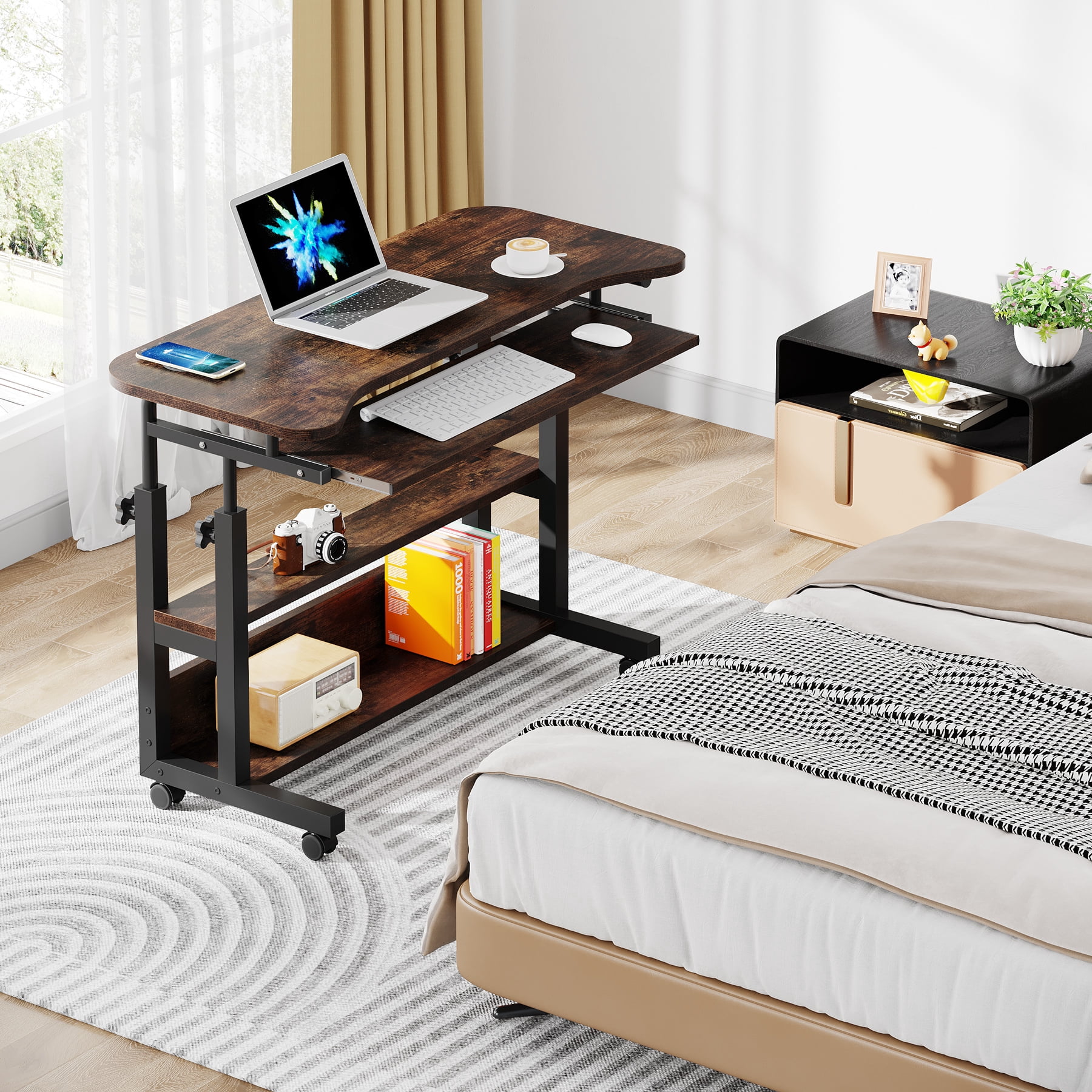Tribesigns Mobile Computer Desk, Portable Adjustable Height Desk with Power Outlets and Storage Shelves for Home Office, Brown