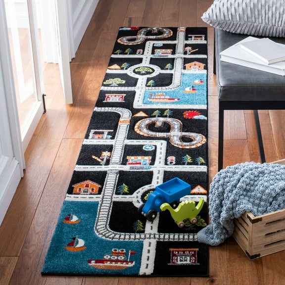 SAFAVIEH Carousel Kids Devan Train Track Runner Rug, Black/Ivory, 2' x 8'