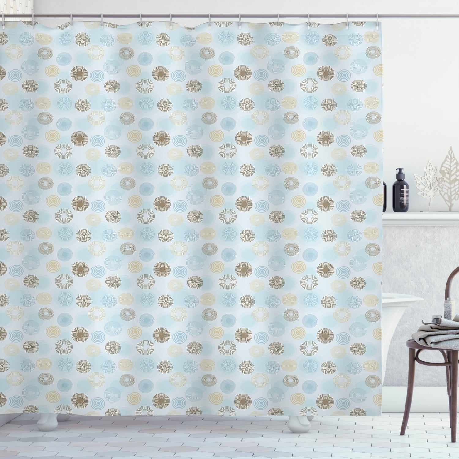 Brown and Blue Shower Curtain, Twirls Vortex Design Geometric Curved