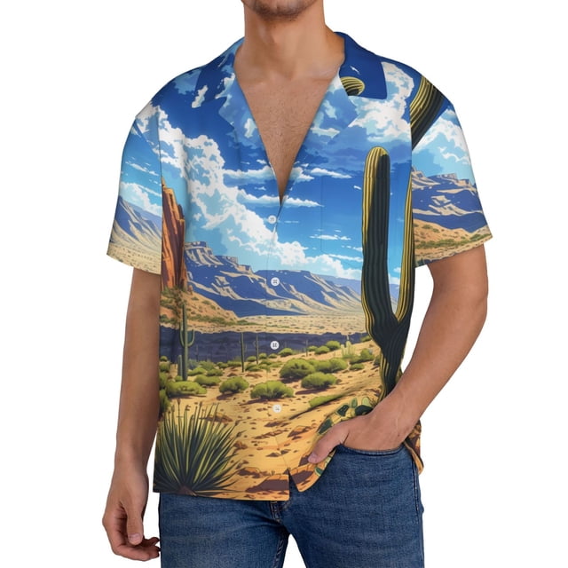Balery Western Desert Cactus Camisa Casual de Manga Corta con Botones para Hombre, Texturizada, Estilo Cubano, para Playa, Verano-X-Large