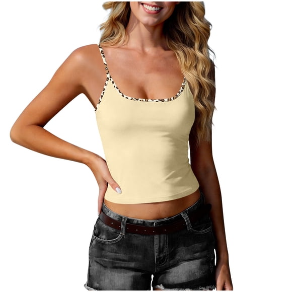 FRSASU Women's Basic Scoop Neck Tank Tops Cami Tank Summer Sleeveless Leopard Printed Suspender Top Vests Beige XXL(XXL)