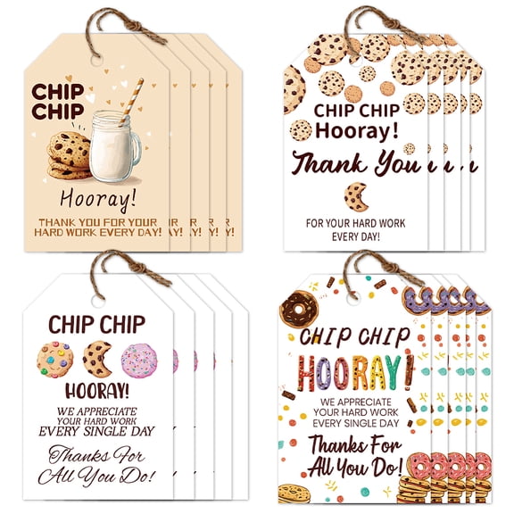 80Pcs Cookie Thank You Gift Tags with String 4 Style Chip Chip Hooray Hanging Labels Name Tags 2×3 Inch for Crafts Employee Appreciation Favor Decor
