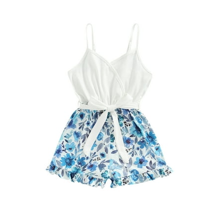 

Eyicmarn Kid Baby Girls Summer Short Romper Floral Print Sleeveless Ruffled Wide Leg Jumpsuit One-Piece Clothes with Belt