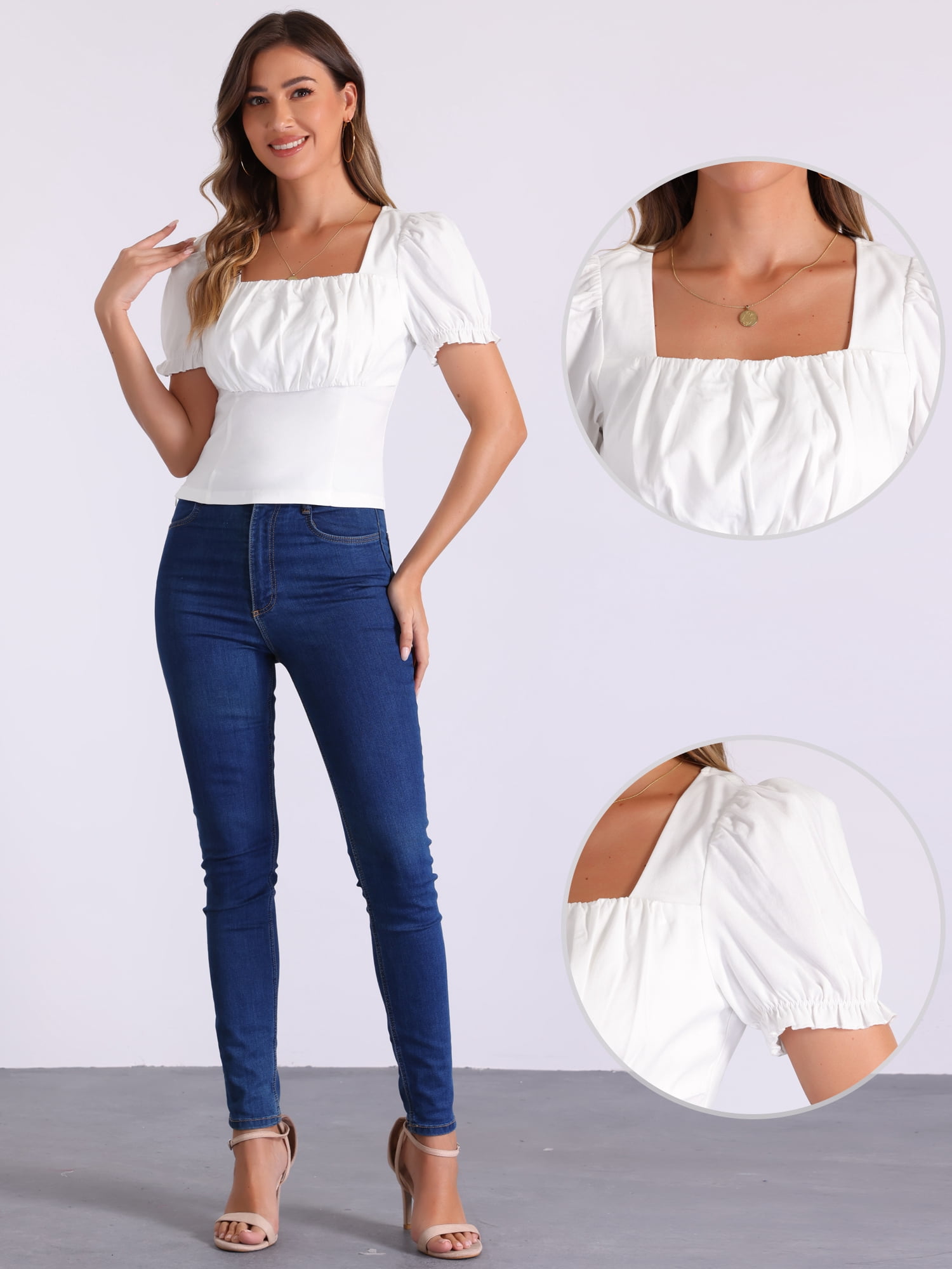 DARING DIVA Women's Square Neck Puff Sleeve Victorian Vintage Top M White