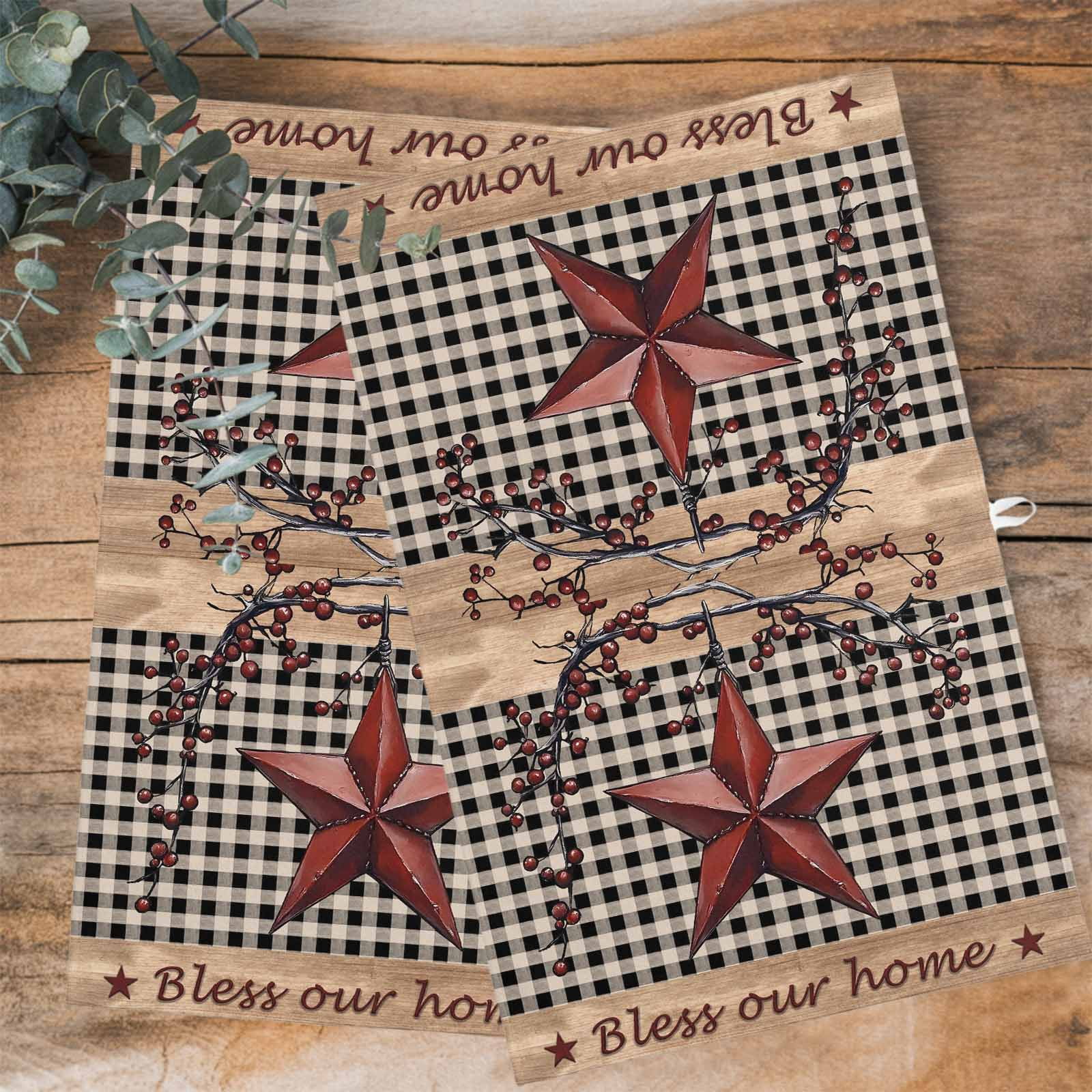 Texas Star Farmhouse Kitchen Towels Set of 4, Water Absorbent Dish Towel, Rustic Black Plaid Berry Wooden Decorative Hand Towels - Quick Drying Cloth for Cooking Baking, 18x28 Inch