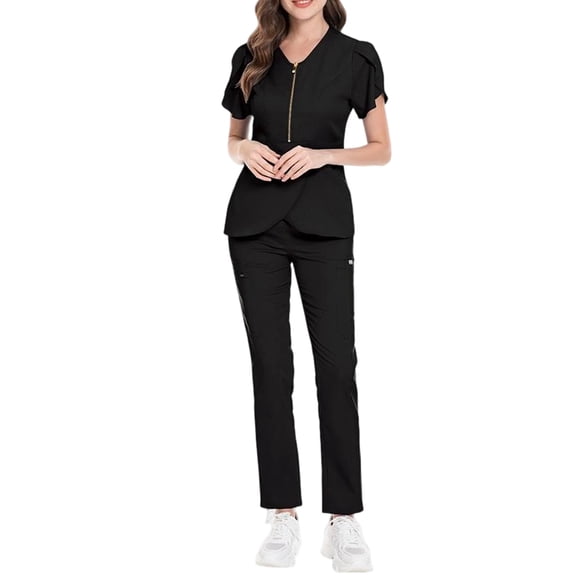 Wutalume Women's Comfortable Solid Color Short Sleeve Scrub Set, V-Neck Top and Drawstring Pants, Healthcare Work Uniform,Black L