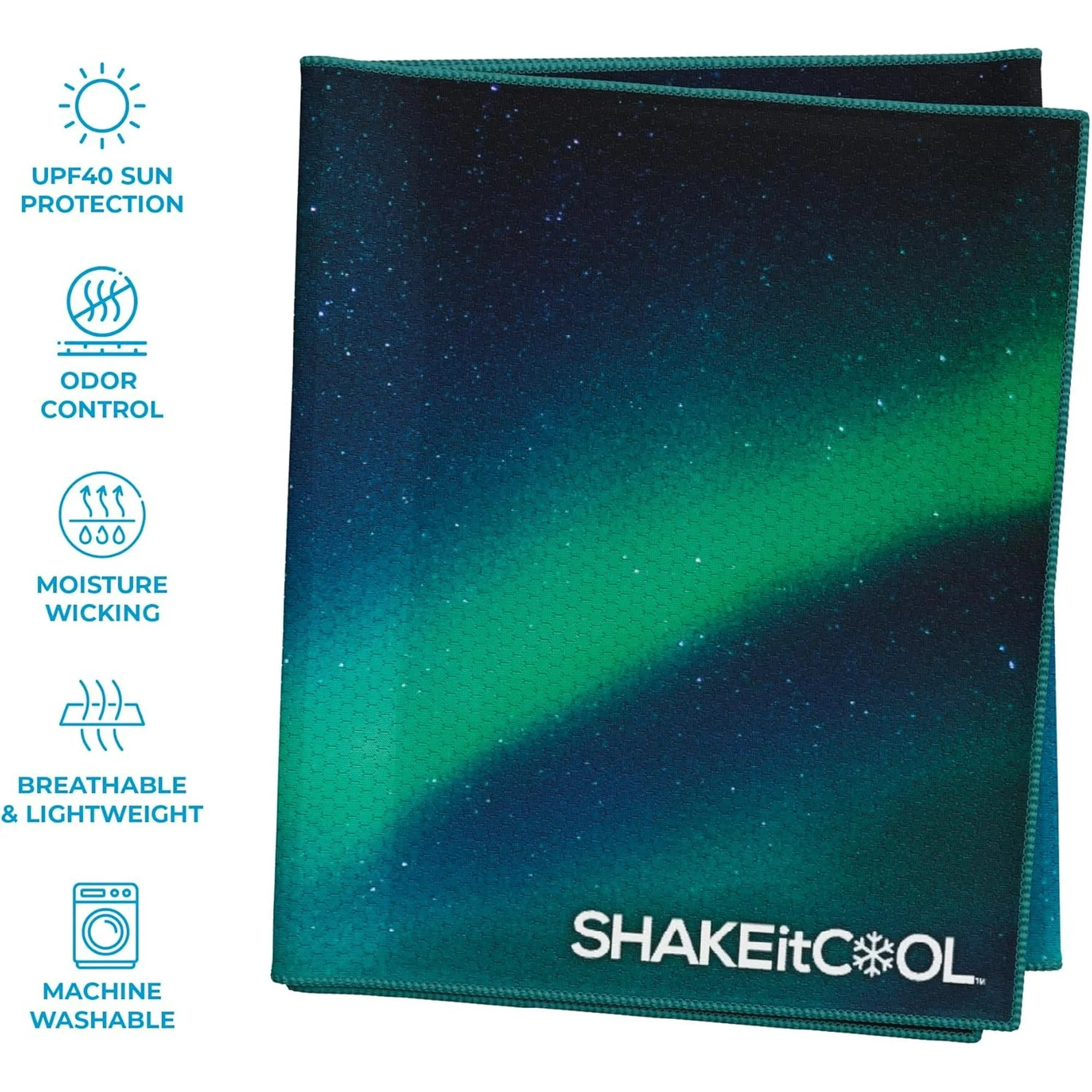 SHAKEitCOOL Extended Size Cooling Towel – Be Cool in Style - Heat Relief, Soft, Lightweight, Sun Protection, Easy Clean - Perfect for Biking, Hiking, Running, Yoga, Golf, Gardening - Alaskan Sky M