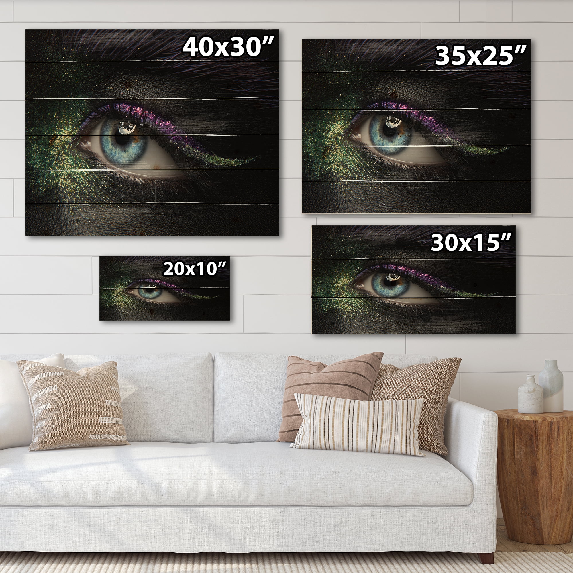 Designart 'Woman Eyes With Green & Purple Pigment & Sparkles' Modern Print on Natural Pine Wood