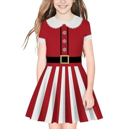 Kids Girl Child Christmas Santa Costume Xmas Short Sleeve Party Swing