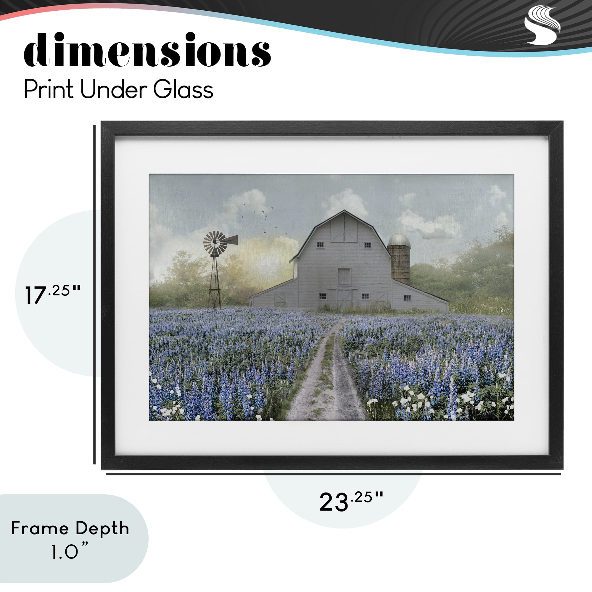 Stupell Industries Meadow of Blue Flowers & Barn Black Framed Print Under Glass, design by Nan