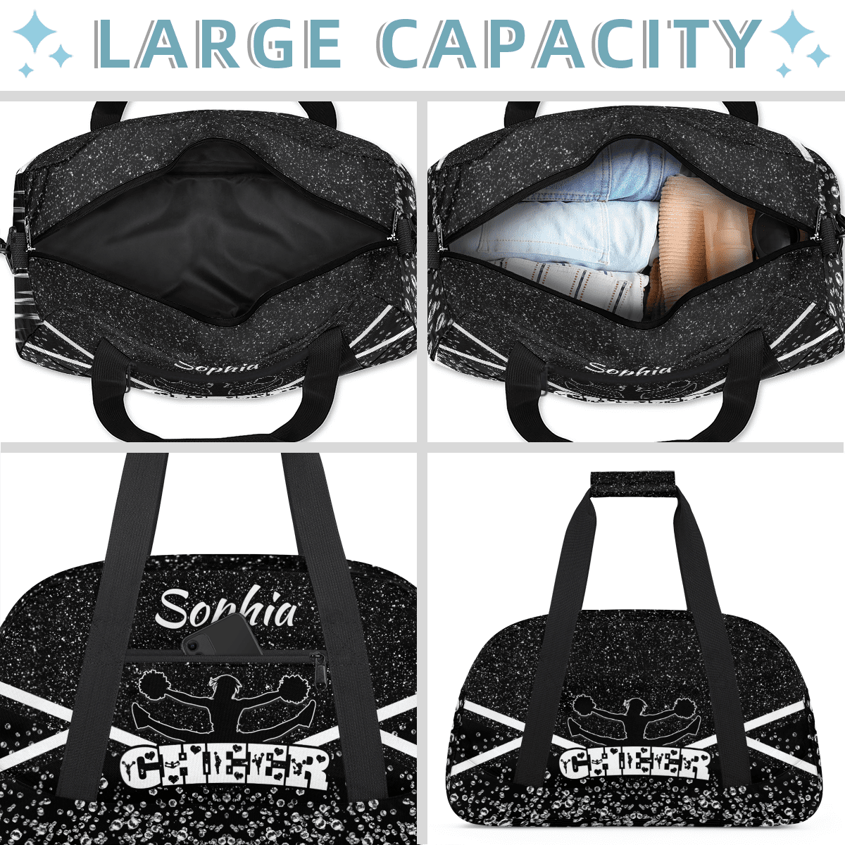 Jiaoprinted Personalized Cheerleader Bag Dance Bag, Custom Sport Gym Bag with Name, Customized Travel Duffel Bag for Cheer Team, Black Glitter