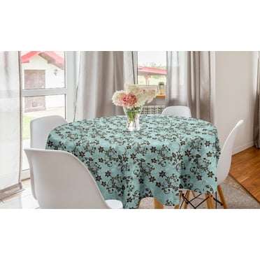 Floral Round Tablecloth, Rhythmic Curvy Poinsettia Flower Art Outlines Print, Circle Table Cloth Cover for Dining Room Kitchen Decor, 60", Seafoam Dark Rosewood, by Ambesonne