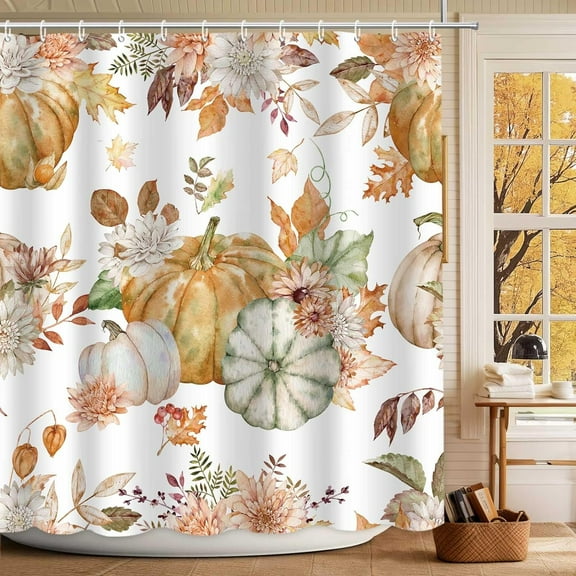 Fall Pumpkin Waterproof Shower Curtain Autumn Watercolor Floral Maple Leaf Shower Curtain for Bathroom Boho Fall Thanksgiving Pumpkin Home Bathtub Decor Waterproof Fabric 54"W x 78"L (Pack of 1)