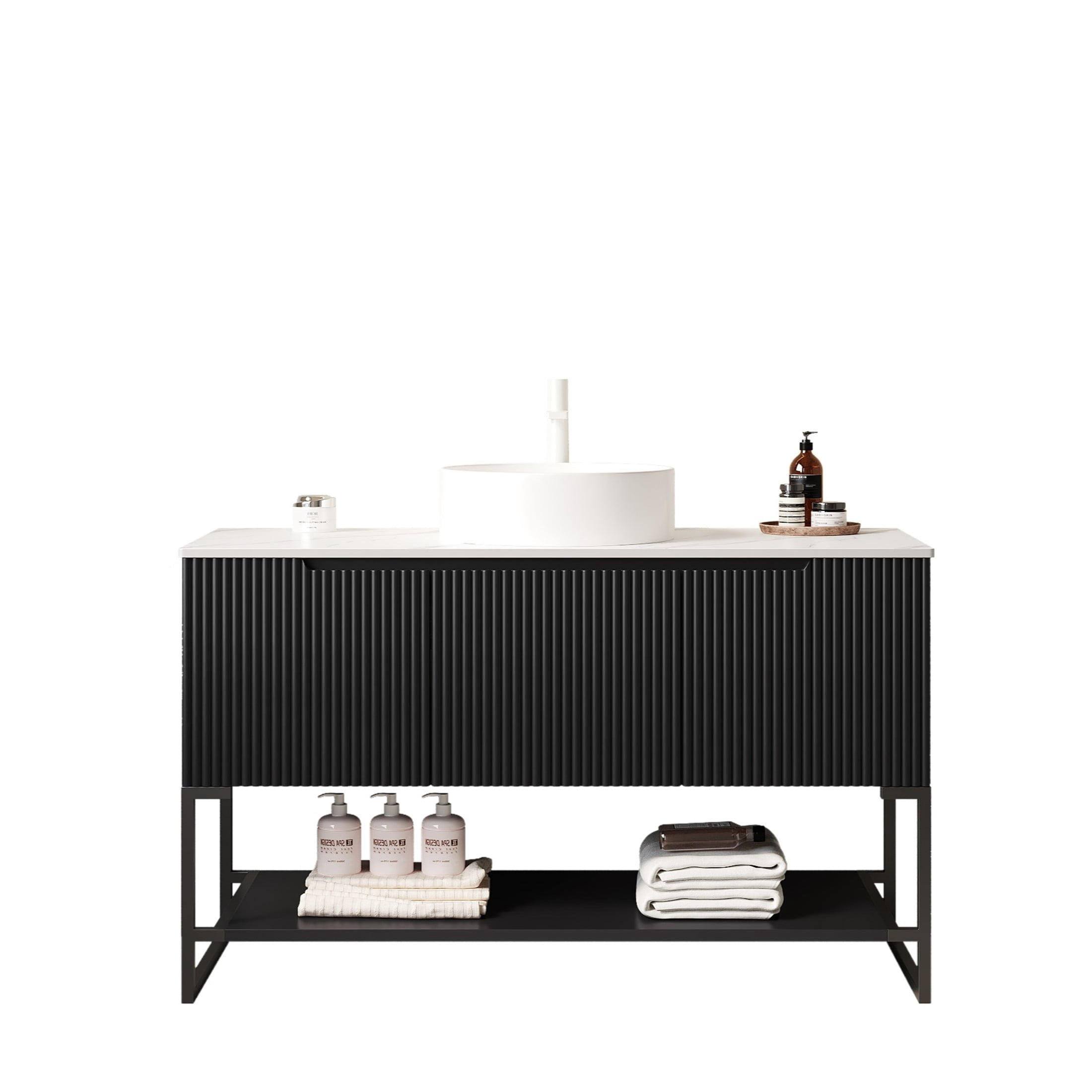 Noble House Tulio 48" Freestanding Bathroom Vanity with Sintered Stone Countertop, White Round Ceramic Basin, Black