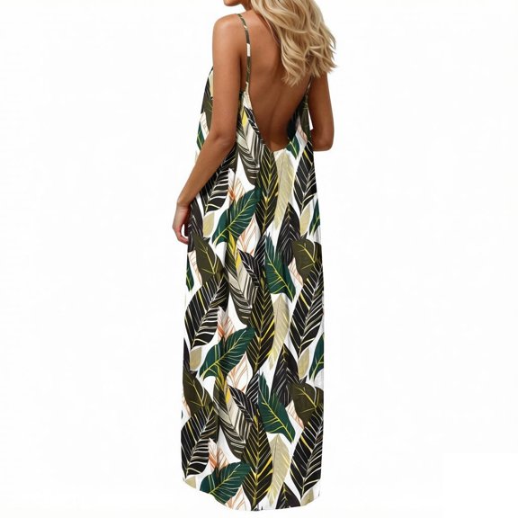 Puliio Maxi Dresses for Women Summer Spaghetti Strap Backless Leaf Print Loose Casual Beach Sundress