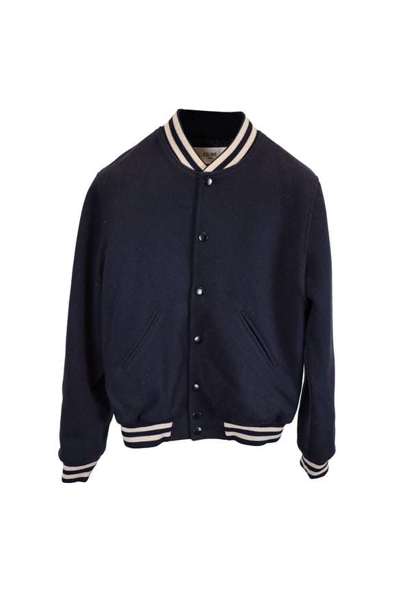 Pre-Owned Celine Varsity Varsity Collegiate Bomber Jacket in Navy Blue Wool