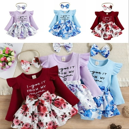 

Esho Newborn Baby Girls Floral Romper Shorts 2Pcs Infants Long Sleeve Floral Bodysuits Dress+Headband 0-24M