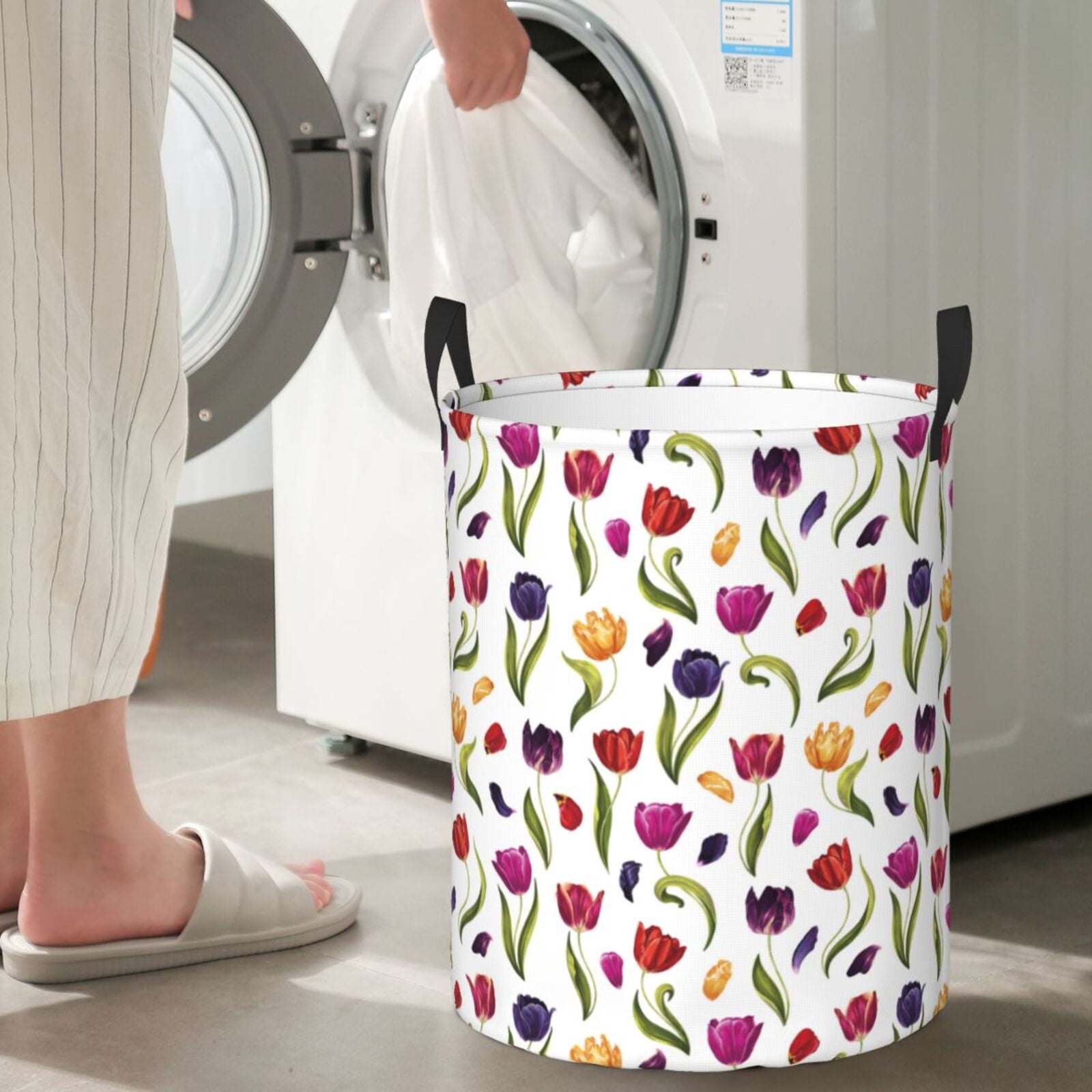 Large Laundry Basket with Handles - Tulips Flowers Purple Petal Kids Baby Dirty Clothes Laundry Hamper for Bedroom Aesthetic