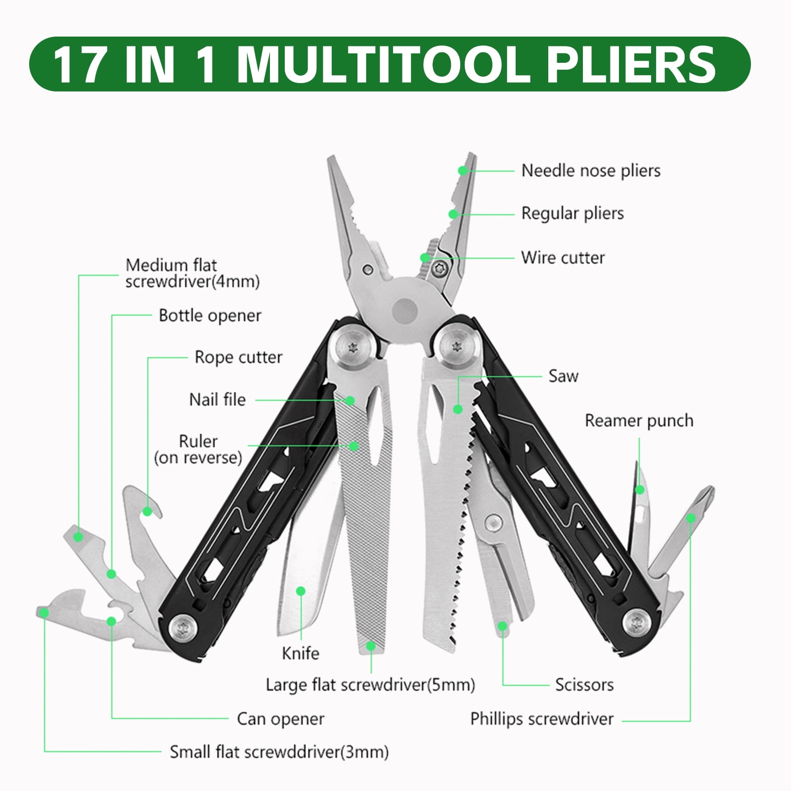 Multitool with Pocket Knife, 28-in-1 Stainless Steel Needle Nose Pliers with Screwdrivers, Self-locking Multi tool EDC Gear with Sheath, Ideal for Survival, Outdoor, Camping