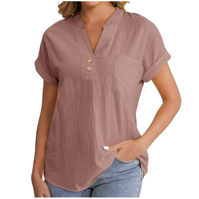 Plebaso Womens Cotton Linen Tops with Pockets V Neck Roll up Short Sleeve Blouses Lightweight Tunic Shirts