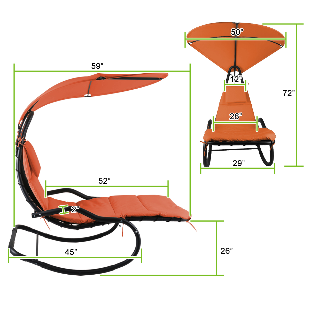 Rocking Hanging Lounge Chair - Curved Chaise Rocking Lounge Chair Swing For Backyard Patio w/ Built-in Pillow Removable Canopy with stand {Orange} - image 4 of 8