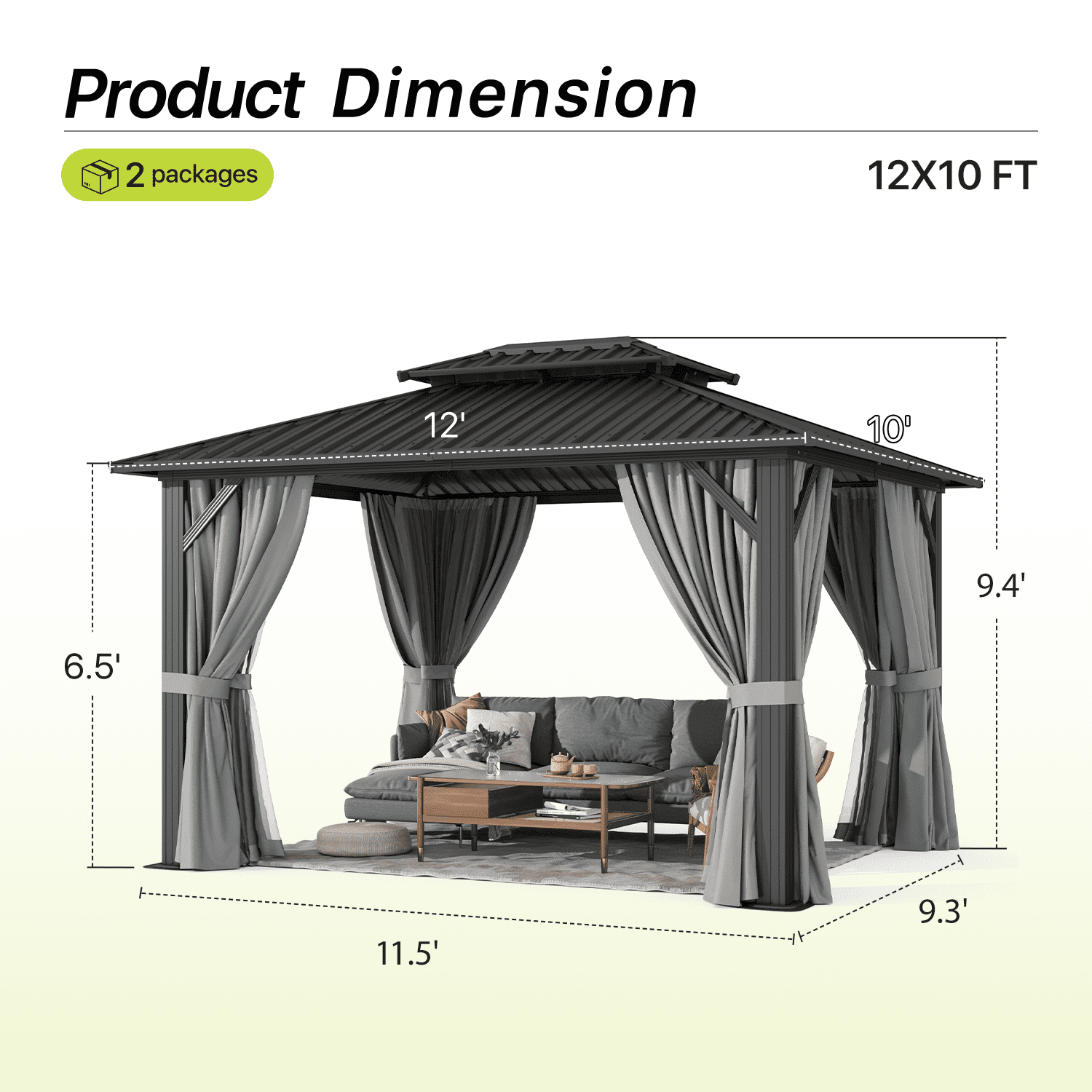BaPiPro 12x10 FT Permanent Outdoor Gazebo – Aluminum Frame with Double Roof, Includes Curtains & Netting, Ideal for Patio, Lawn, and Garden,Gray