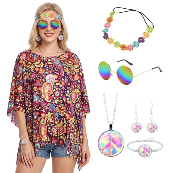 Alaiyaky Women's Hippie Costume 60s 70s Hippie Clothing with Poncho Necklace Earrings Sunglasses Fancy Dress Costume for Carnival Party Pack of 6