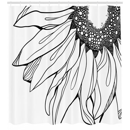 Doodle Parts - Doodle Shower Curtain, Part of a Sunflower in Black and White Botanical Garden Agricultural Growth Theme, Fabric Bathroom Set with Hooks, Black White, by Ambesonne