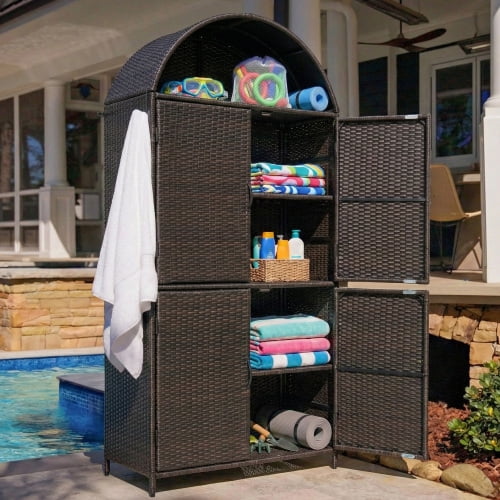 Armoire de Rangement Extérieure en Osier Arquée de 72 Pouces, Remise de Rangement Verticale en Rotin d'Extérieur à 4 Portes avec Tablettes Ajustables, Porte-Serviettes d'Extérieur pour Jardin
