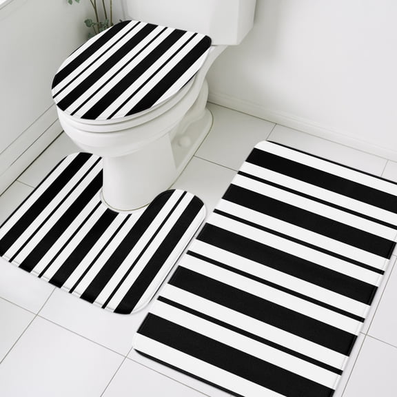 Black Striped Bathroom Rugs Set Modern Stripes Farmhouse Rustic Country Non Slip Absorbent Soft Bath Mats 3 Piece Set with Bathroom Rug, U-Shaped Floor Mat, Toilet Seat Cover Small Size