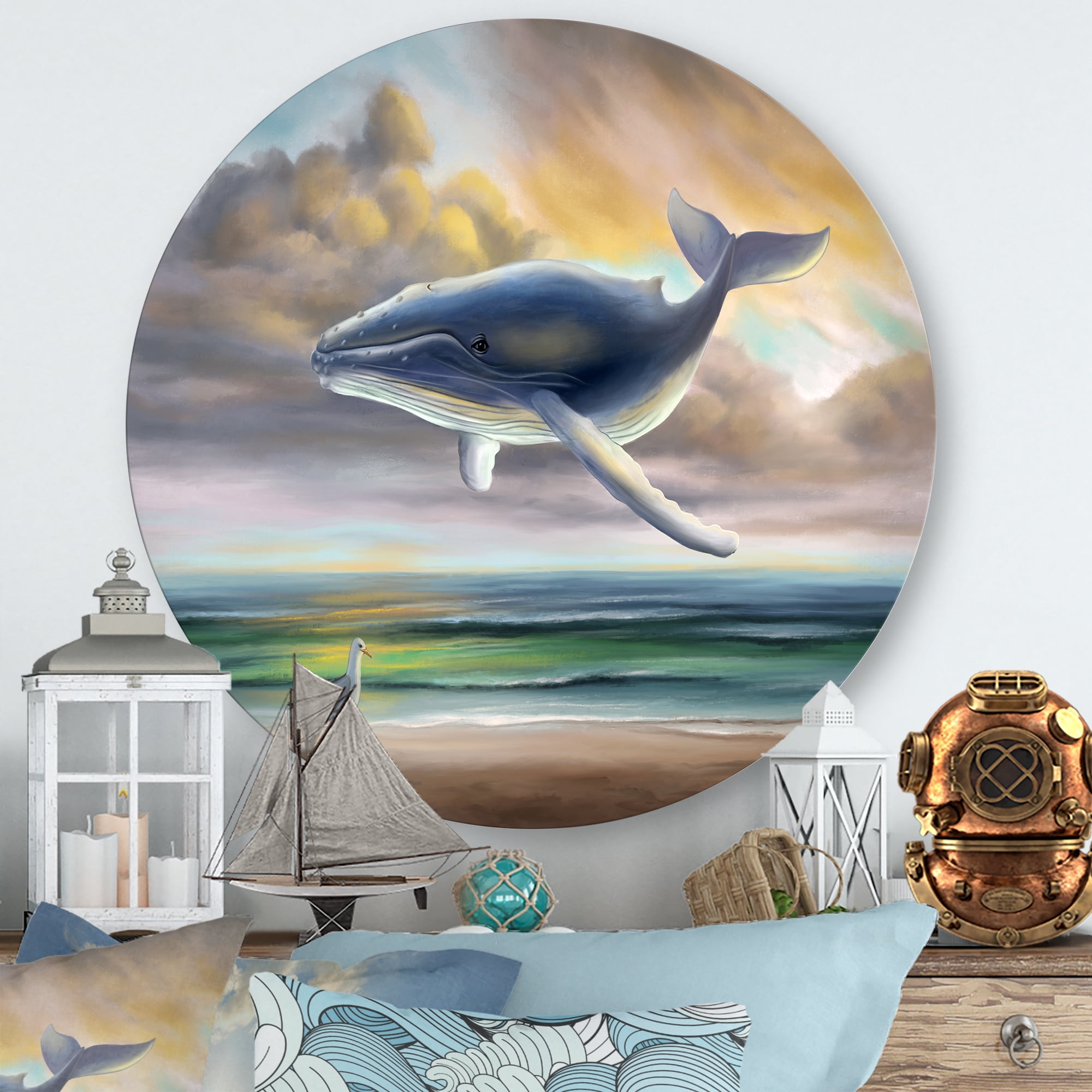 Designart 'Whale Floating In The Sky Over Beach' Children's Art Circle Metal Wall Art 23x23 - Disc of 23