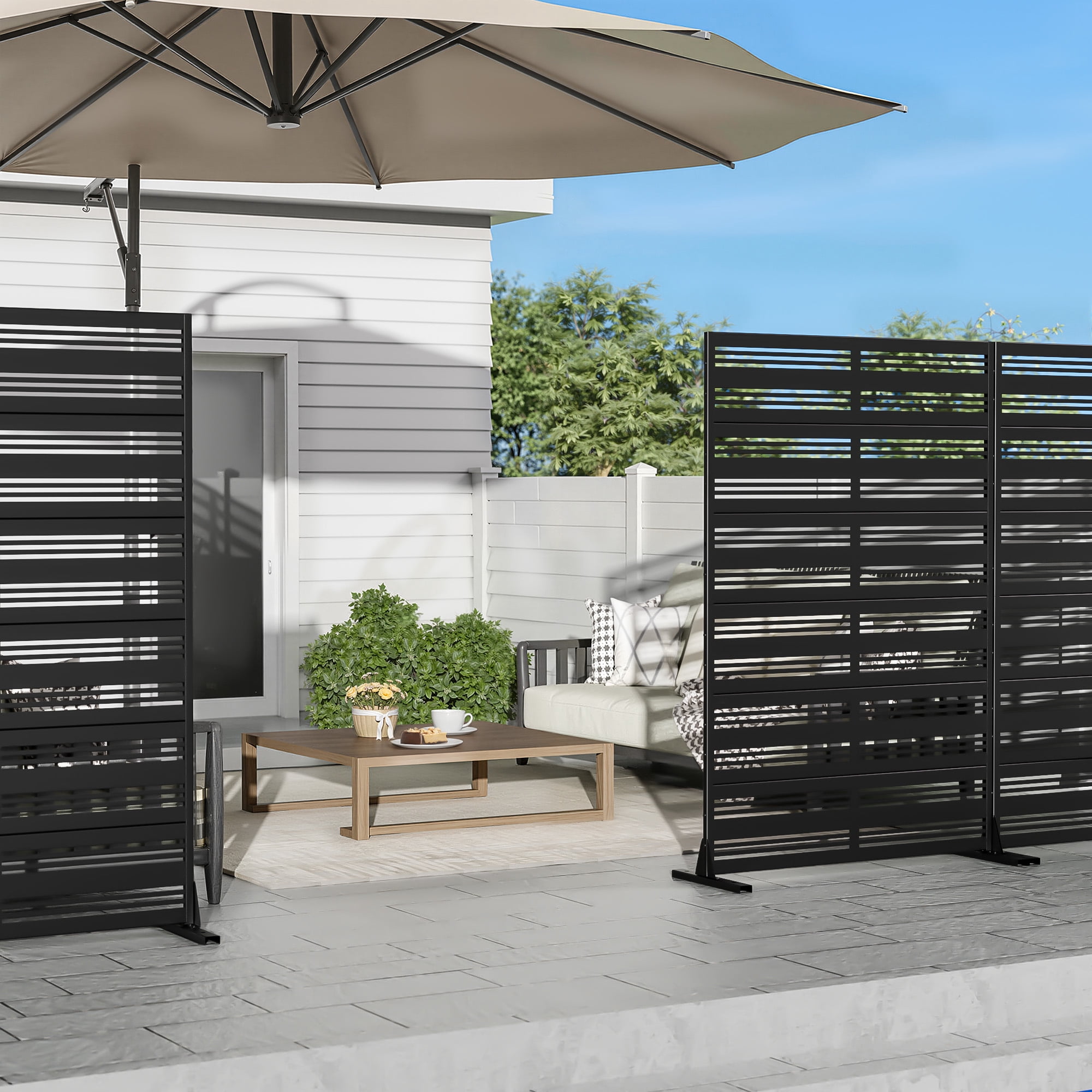 MAYEERTY 72*47" Outdoor Black Metal Freestanding Panel Screen for Patio, Wide-Narrow Slat Pattern