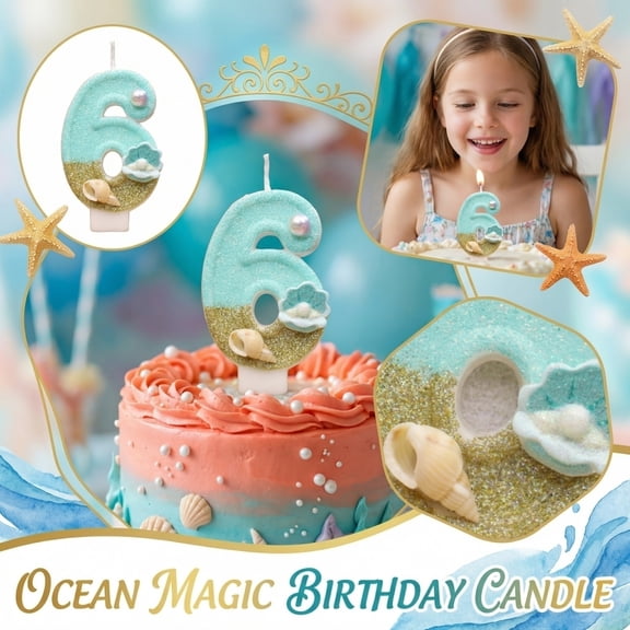 Birthday Cake Candle, Number 1 Candle, Mermaid Theme Birthday Decorations, Teal Birthday Decorations, Sparkly Glitter Pearl Seashell 6 Numeral Candle for Mermaid Under The Sea