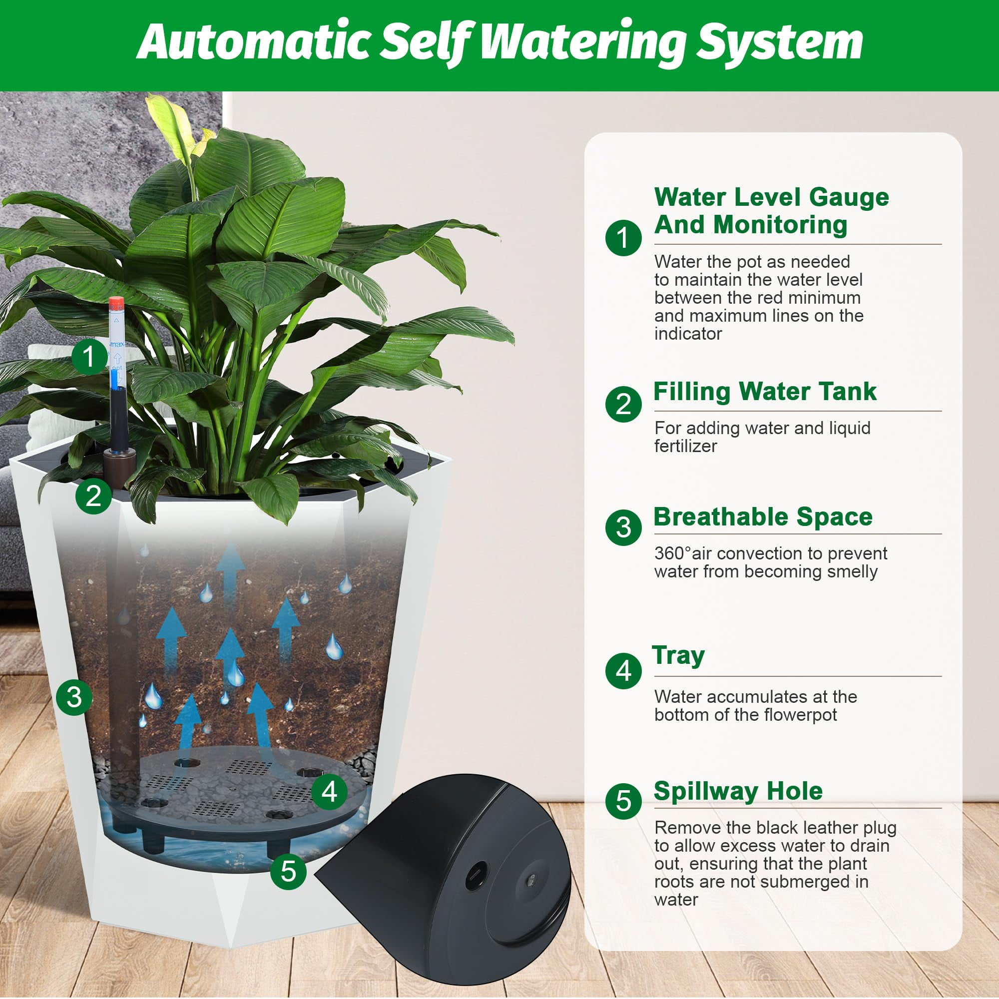 Kojooin 16 Inch Tall Diamond Planters Set of 2, Self Watering Planters with Water Level Monitor and Wheels, Flower Pots Outdoor and Indoor for Patio, Porch, Living Room, Home Office