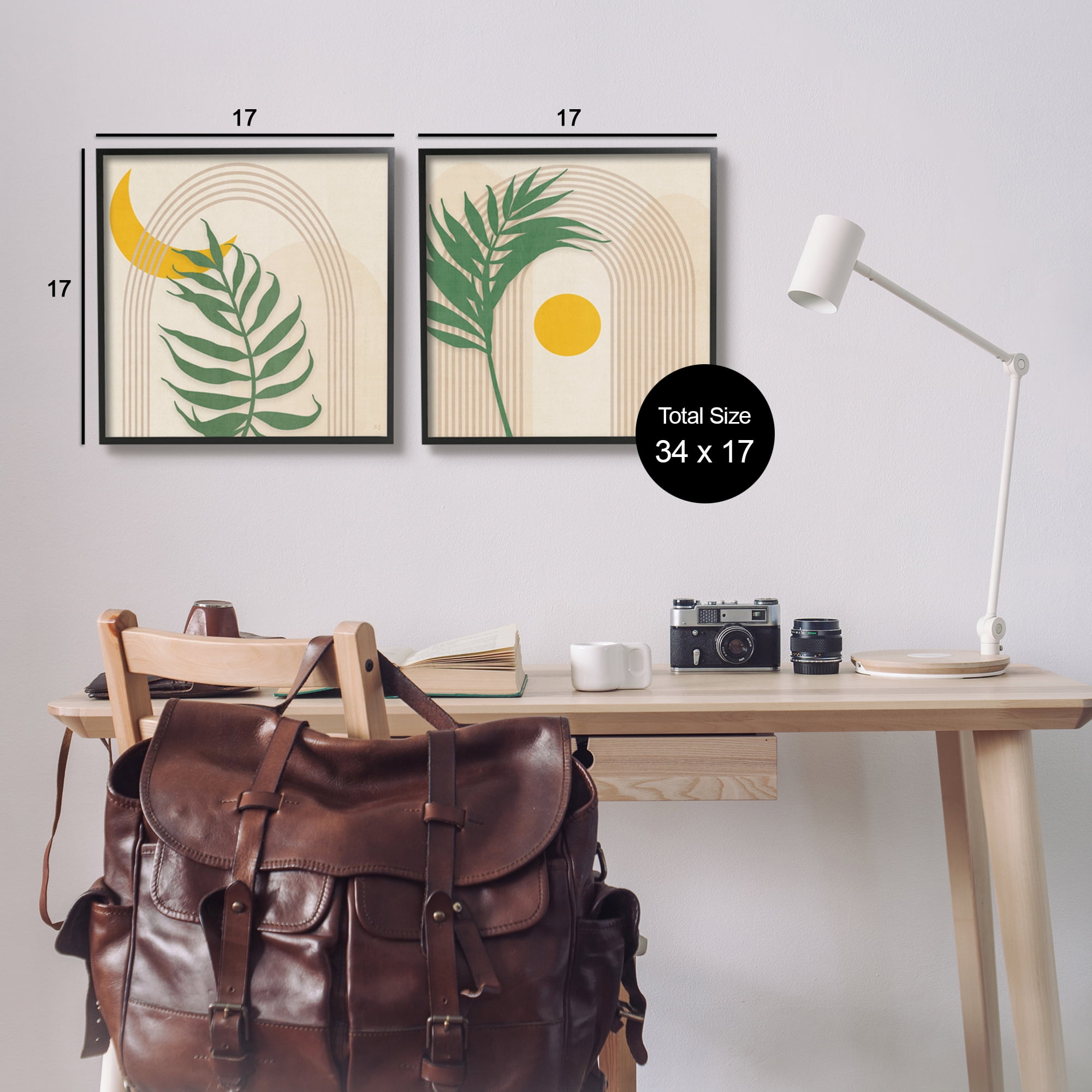 Stupell Industries Modern Fern Moon & Sun Botanical & Floral Painting Black Framed Art Print Wall Art, 17 x 17, Set of 2