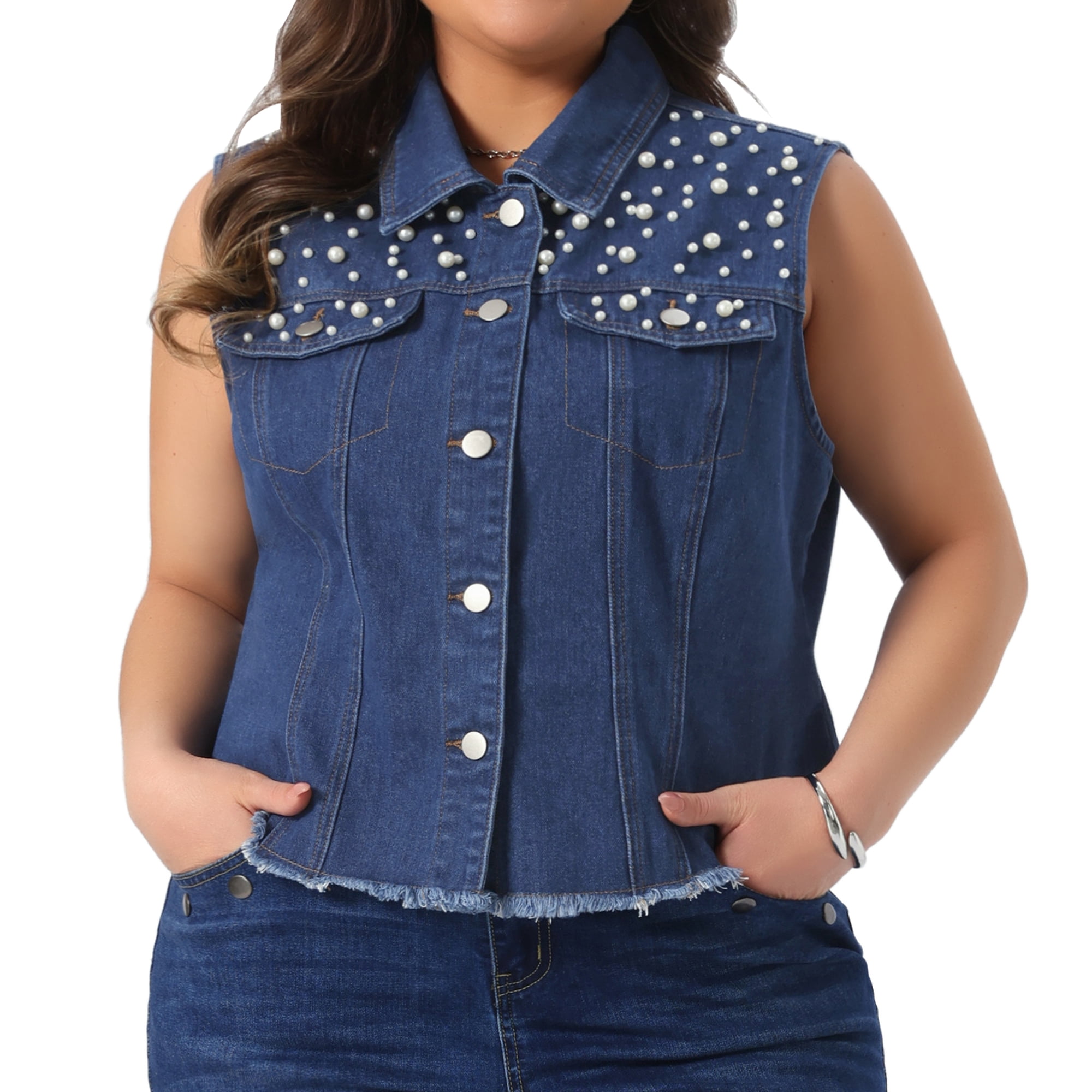 DARING DIVA Women's Plus Size Embroidered Pearl Frayed Denim Vest 2X Blue