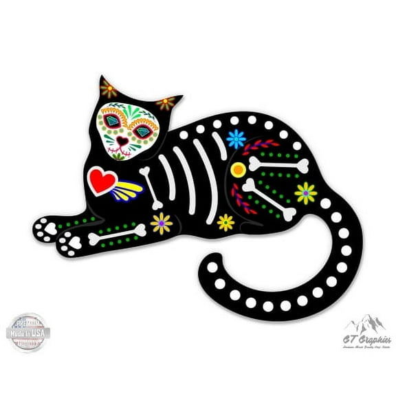 Sugar Skull Cat Sitting - 3" Vinyl Sticker - For Car Laptop I-Pad Phone Helmet Hard Hat - Waterproof Decal