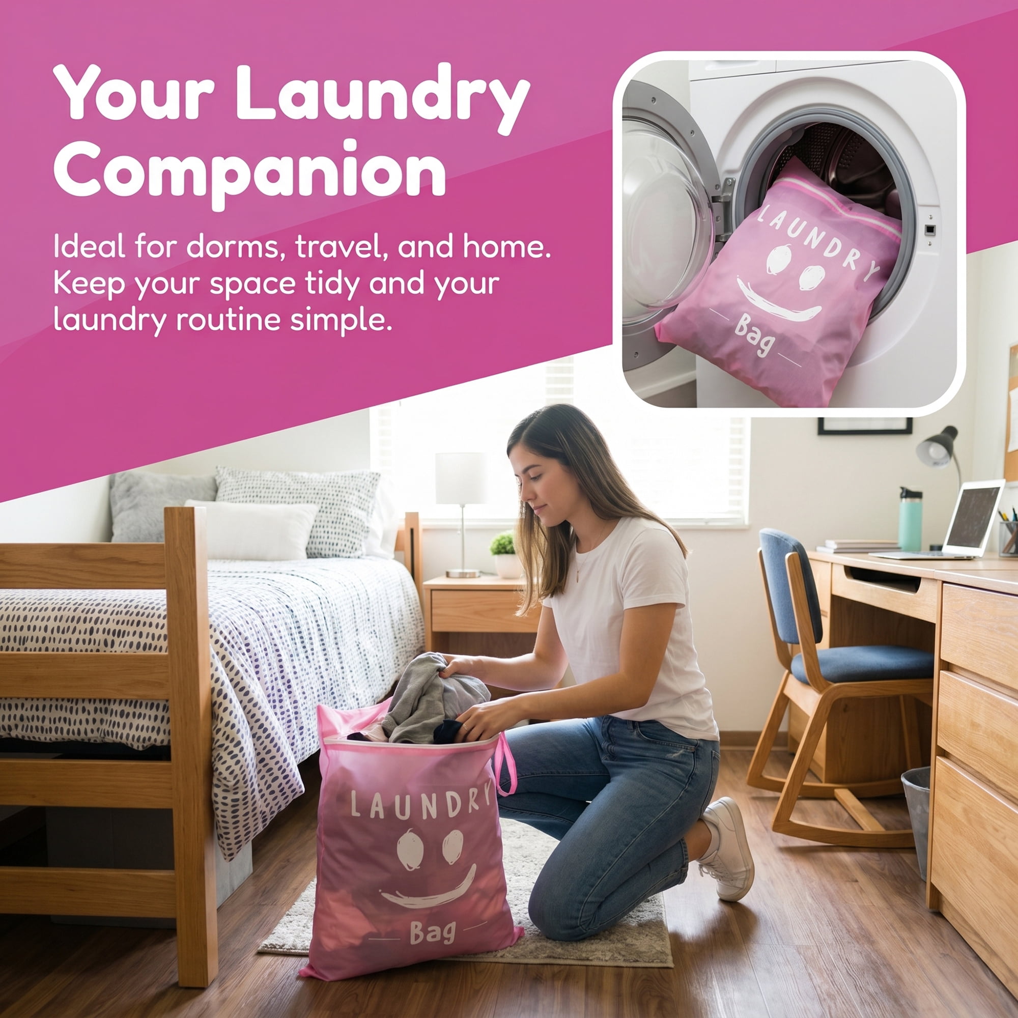 Unique Bargains 2Pcs Oxford Cloth Zipper Mesh Clothes Laundry Bag Pink-White A 15"x18.9"