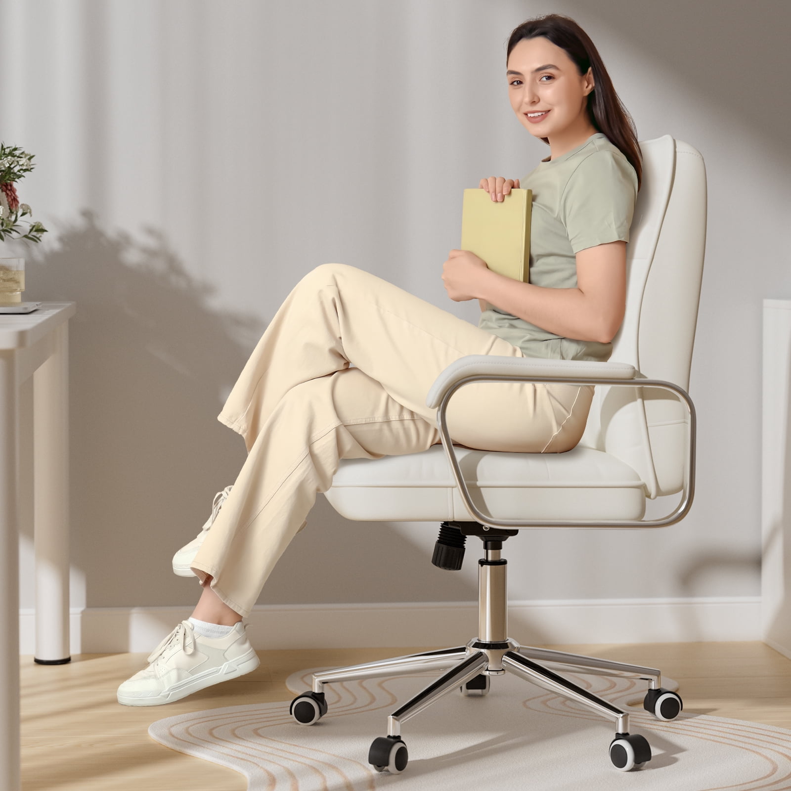 Ninecer Ergonomic Office Chair with Wheels, 360° Swivel Desk Chair with Rocking Function, PU Leather Computer Chair for Home Office, Study,, Beige