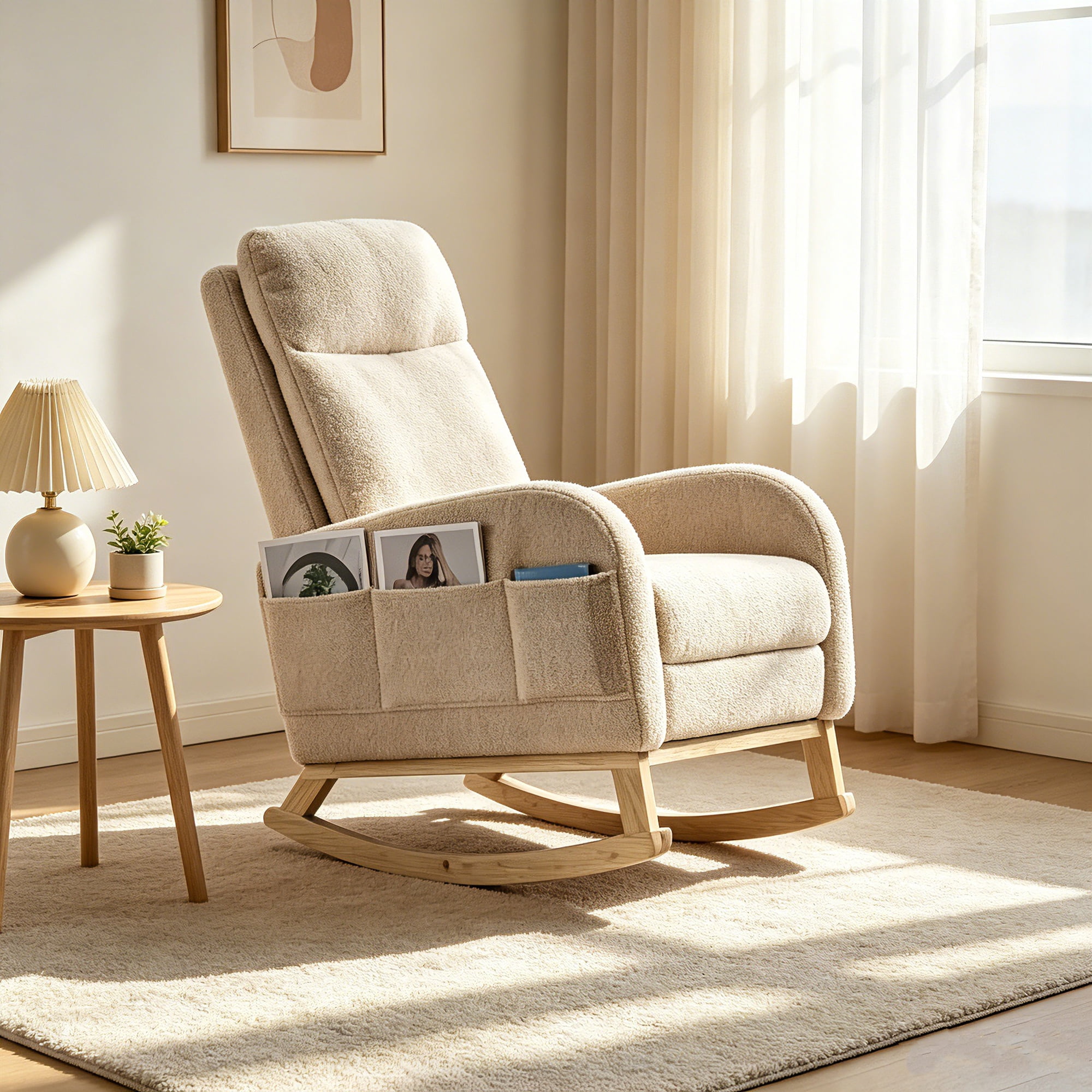 AUU Beige Teddy Upholstered High-Back Glider Rocking Chair with Footrest & Side Pocket – Solid Wood Legs, Comfy Accent Rocker for Living Room, Bedroom, or Reading Nook