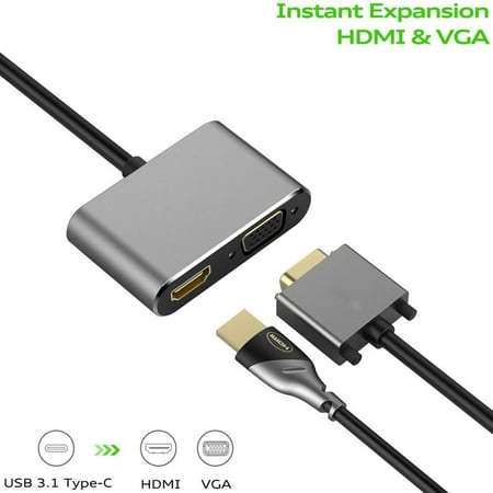 USB 3.1 Type-C to HDMI VGA Adapter 2 in1 VGA HDMI 4K UHD Dual Screen Display Adapter for New MacBook 12