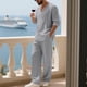 thumbnail image 5 of Blusas y camisas de manga larga con cuello en V para hombre, jersey informal con capucha, pantalones deportivos lisos de manga larga, chándal de dos piezas con cintura elástica, blusa y pantalón de po, 5 of 7