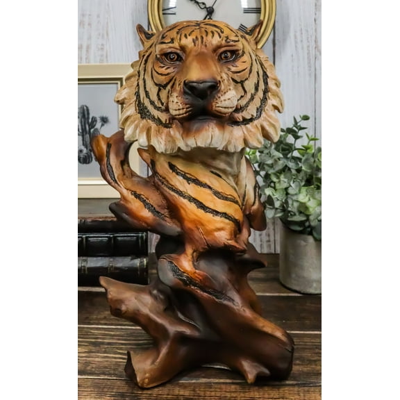 Faux Wood Large Exotic Jungle Wildlife Orange Bengal Tiger Bust Statue 11"Tall