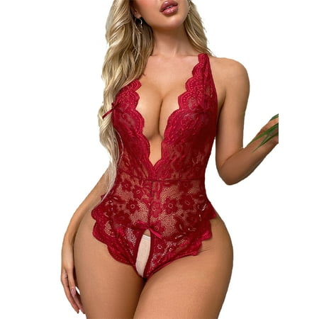 

Frontwalk Ladies Bodysuit Deep V Lingerie Lace Babydoll Sleeping Sexy Nightwear One Piece Sleepwear Wine Red M