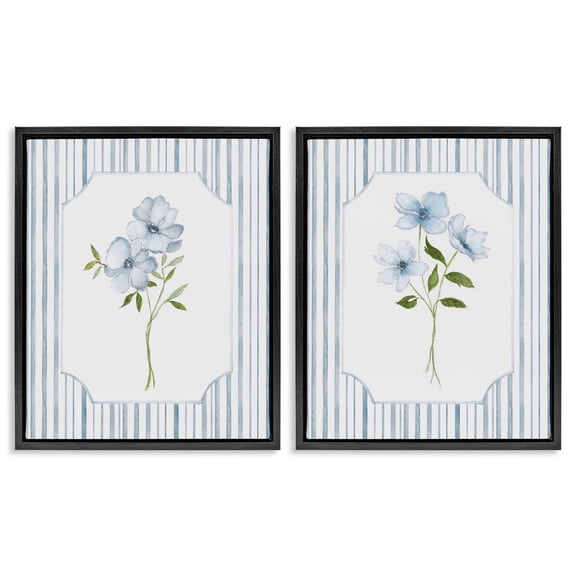 Stupell Industries Blue Blooms & Stripes 2 Piece Black Framed Floater Canvas Set, design by Tava Studios